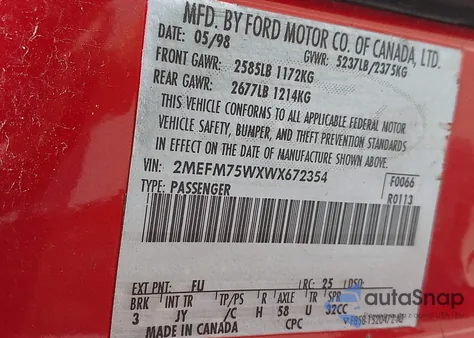 1998 Ford Crown Victoria Lx из США, поврежденный, VIN 2FAFP74WXWX185123